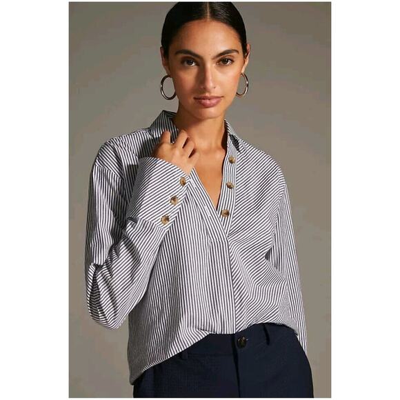 Maeve by Anthropologie Striped Henley Popover Shirt, Size S - Picture 1 of 13